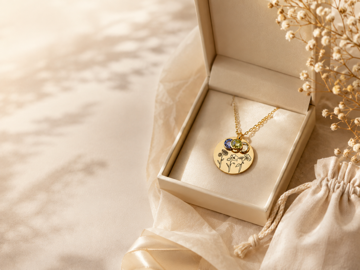 Gold birth flower and birthstone necklace presented in a cream gift box