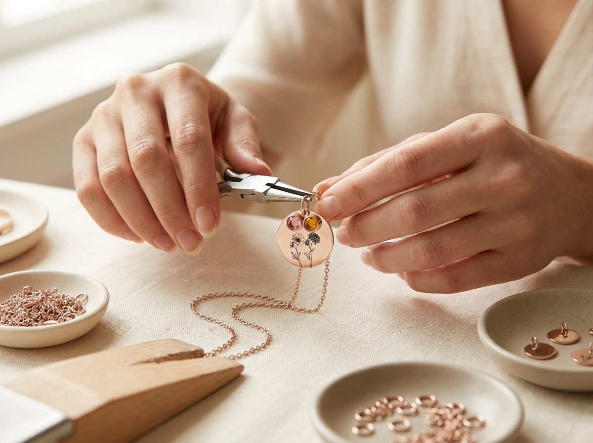 Hands assembling a rose gold birth flower necklace