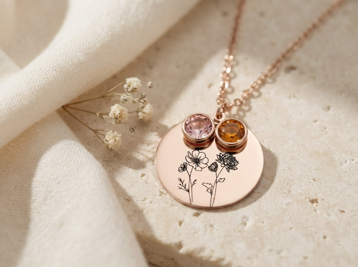 Rose gold birth flower necklace with pink and amber birthstones