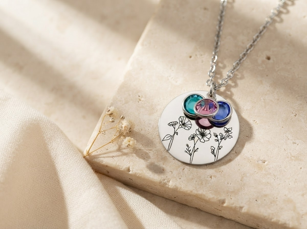Silver birth flower pendant with four birthstone charms
