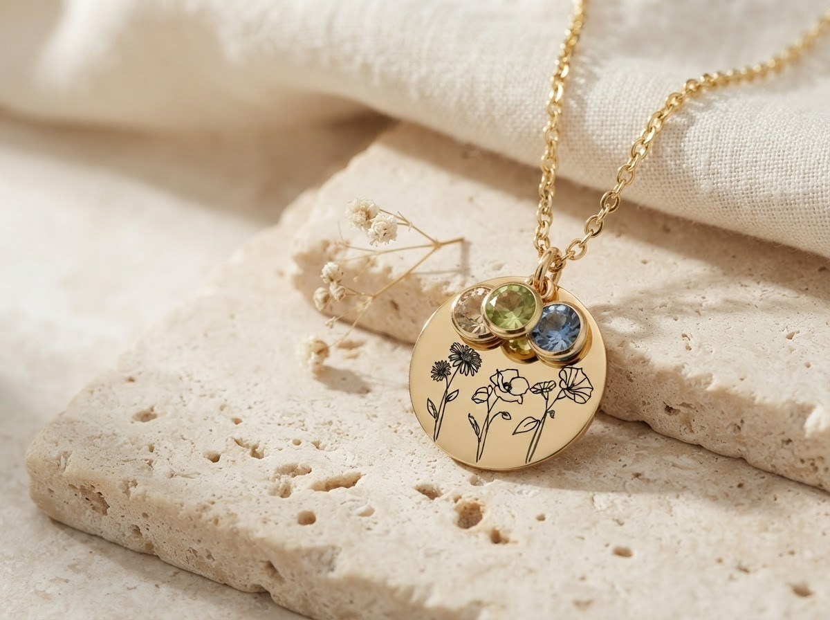 Gold birth flower pendant with three birthstone charms